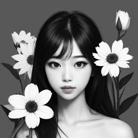 (ttatt:1.1), a girl with half face on flowers, dark style, bw, chrome, masterpiece, dynamic forms
