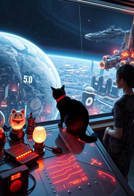 A sleek black cat with a red collar sits atop a cluttered, riveted metal desk with a transparent top, revealing glowing micro-LED-lit computer components beneath. A maneki-neko statue and a softly pulsing lava lamp rest beside it. The cat gazes out through a seamless, floor-to-ceiling futuristic window at a breathtaking planet seen from low orbit, its surface illuminated by the sprawling lights of colossal cities and towering megastructures.
Beside the desk, a beautiful 24-year-old woman stands, her gaze distant and longing as she looks into the vastness of space. She wears an ornate, elegant Chinese-style dress, its intricate patterns shimmering subtly in the ambient glow. Her hair is elegantly tied up with a ribbon, adding to her graceful presence. In the distance, an enormous deco-cyberpunk starship, adorned with futuristic neon lighting, drifts through the stars. Nearby, a massive space station looms, its Art Deco Cyberpunk architecture exuding grandeur and mystery.
A dynamic perspective enhances the scale, making the viewer feel immersed in this epic cyberpunk vision, evoking a profound sense of wonder and awe.