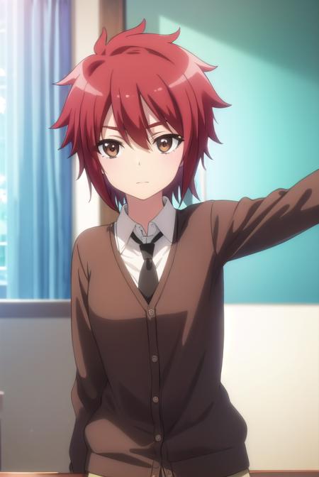 aoiyusa, <lora:aoi yusa s2-lora-nochekaiser:1>,
aoi yusa, short hair, (brown eyes:1.3), red hair,
BREAK school uniform, necktie, shirt, white shirt, collared shirt, cardigan, brown cardigan,
BREAK indoors, classroom,
BREAK looking at viewer, (cowboy shot:1.5),
BREAK <lyco:GoodHands-beta2:1>, (masterpiece:1.2), best quality, high resolution, unity 8k wallpaper, (illustration:0.8), (beautiful detailed eyes:1.6), extremely detailed face, perfect lighting, extremely detailed CG, (perfect hands, perfect anatomy),