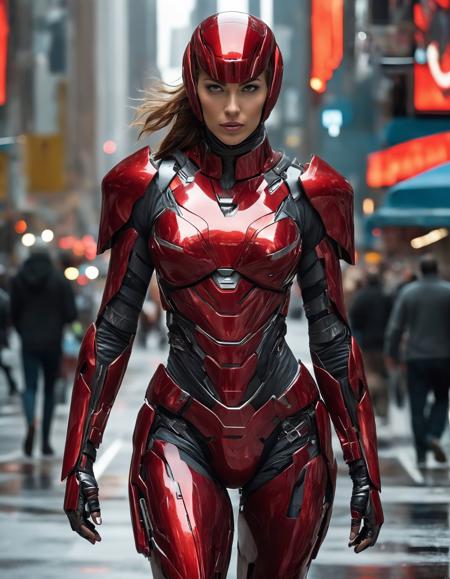 arafed woman in a futuristic suit walking down a city street, sci fi futuristic costume, promotional images, stylish cyborg armor, varia suit, movie still of cyborg, still from marvel movie poster, female cyborg, red skintight leather armor, female armor, high-tech red armor, movie still of a villain cyborg, skintight red leather armor, full figure poster,