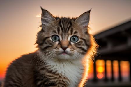 RAW photo, a dynamic shot of a fluffy kitten, sunset, soft lighting (masterpiece:1.2) (photorealistic:1.2) (best quality) (detailed skin:1.2) (intricate details) (8k) (HDR) (cinematic lighting) (sharp focus), detailed eyes, (looking at the camera:1.1)