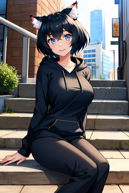 masterpiece, best quality,   <lora:miria-nvwls-v1-000008:0.9> miria, cat ears, short hair, cat tail, large breasts, black hoodie, track pants, city street, stairs, sitting, looking at viewer, smile