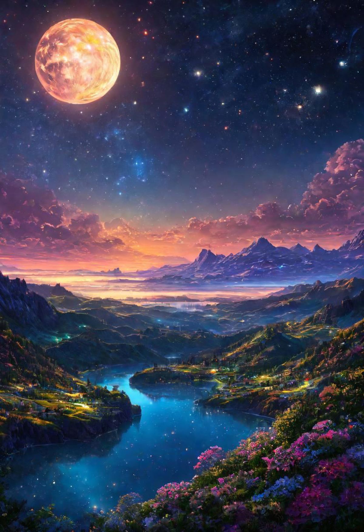 A Nighttime Painting of the Moon and Mountains with a River Flowing Through