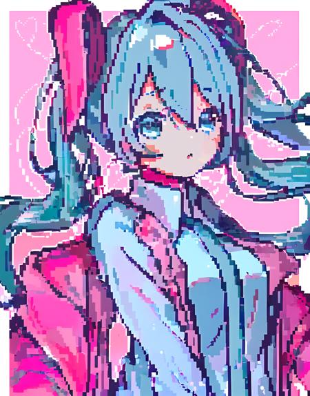 1girl, hatsune miku, solo, twintails, looking at viewer, shirt, upper body, parted lips, jacket, simple background, aqua hair, aqua eyes, pink background, white shirt, collared shirt, bangs, open clothes, hair between eyes, open jacket, blue jacket, breasts, zipper, long hair, <lora:obakeN:1>