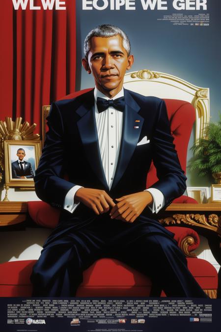 80s movie poster, Barack Obama wearing his tuxedo,  sitting down at the oval office<lora:80s Movie Poster Style:1>