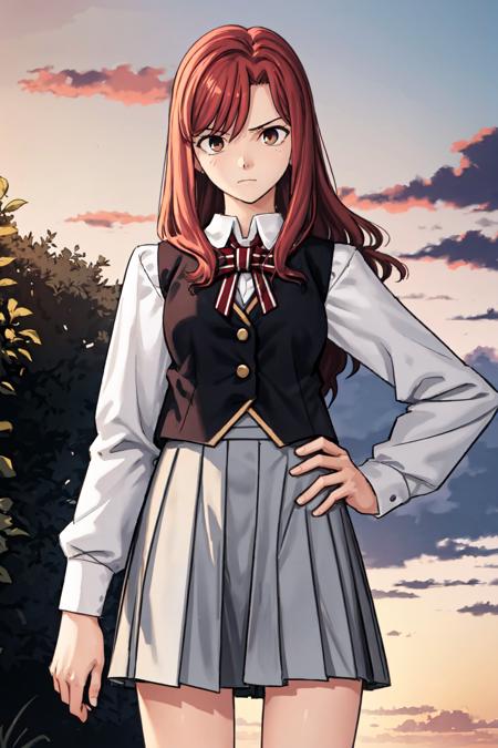 <lora:FateVN-10:1>, 1girl, standing, red hair, standing, sunset, evening, cowboy shot, homurahara academy school uniform, skirt, vest, uniform, school uniform,