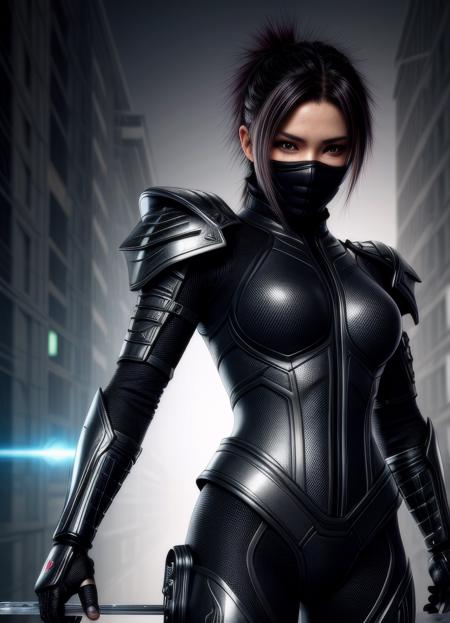 hyper realistic image of a ninja, cyberpunk style armor, good pose, detailed eyes,