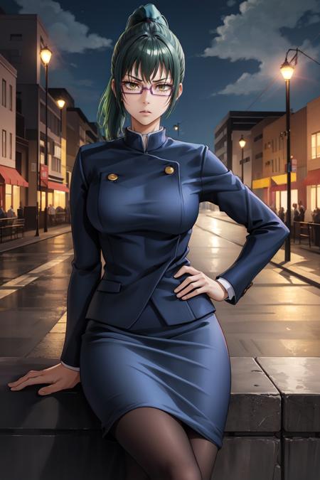 MakiS1, solo, bangs, 1girl, ponytail, green hair, glasses, school uniform, looking at viewer, cowboy shot, jacket, closed mouth, semi-rimless eyewear, long hair, breasts, skirt, long sleeves, expressionless, yellow eyes, pantyhose, blue jacket, sitting, sitting in, girl sitting, arms in hips, hands in hips, blue skirt, black pantyhose, parted lips, high ponytail, outdoors, buildings, streetlights, trees, bushes, clouds, sky, angry face, <lora:MakiS1:0.8>
BREAK
masterpiece, best quality, highly detailed background, perfect lightingbest quality, ((shiny skin, glossy skin, detailed skin))