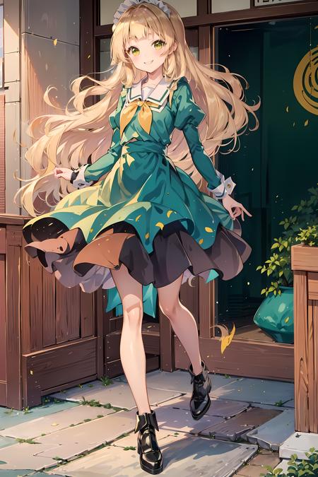 <lora:LoRA_Shiraki_Hime:1>, Shiraki Hime, 1girl, long hair, blonde hair, maid cafe, green dress, black skirt, black footwear, smile, dress,  shoes, standing,