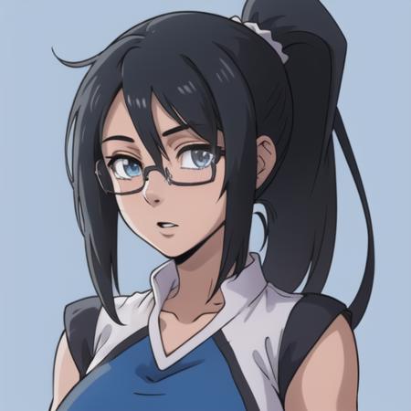 <lora:hanebado-05-v3:1>, 1girl, h4n3b4d0, blue and white outfit, black long hair, ponytail, glasses