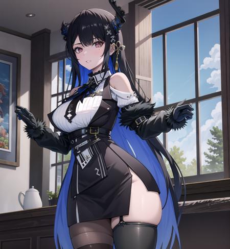 <lora:nerissa_ravencroft_v4-000009:1>
(1girl, solo:1.3), 
standing, cowboy shot ,
(asymmetrical horns), horns, demon horns, red eyes, slit pupils, [mole under eye], 
black hair, blue hair, two-tone hair, long hair, hair ornament, 
large breasts, skindentation, thick thighs, 
thick thighs, looking at viewer, 
black ribbon, 
bare shoulders, fur-trimmed sleeves, fur trim, collared shirt, (white shirt), gloves, (vertical striped shirt), 
(miniskirt, black skirt:1.3), belt, multiple belts, 
(asymmetrical legwear:1.25), (thigh boots), (single) thighhigh, black thighhighs, (single leg pantyhose:1.2), checkered pantyhose, 
indoors, (cafe), window, sunset