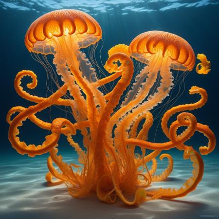Beneath the surface of an ocean woven from translucent pools of citrus nectar, jellyfish with luminous, curling tendrils of orange rind drift gracefully, pulsing with an ethereal glow. Schools of fish-like creatures, their scales shimmering with the texture of finely textured zest, twist and glide through the surreal fluid landscape, leaving trails of vibrant citrus hues in their wake. At the depths of this bizarre world, coral reefs emerge from twisting segments of dried peel, sculpted into intricate spirals of artistic elegance, glowing softly in golden radiance. Waves roll in slow, deliberate movements, reflecting the shifting morphing realityâblurring the lines between solid and liquid as the seafloor reshapes itself, peeling back and reforming endlessly in strange and beautiful patterns.
<lora:Orange_Peel:1> orangepeel, orange (fruit)