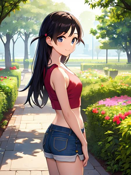 (exceptional, best aesthetic, new, newest, best quality, masterpiece, extremely detailed), 1girl, solo, tsukamototenma, crop_top, short_shorts, looking_at_viewer, from_side, smile, garden, standing