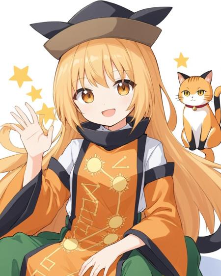 matara okina,green_skirt, simple_background, open_mouth, white_background, hat, cat, orange_cape, hands_up, 1girl, detached_sleeves, brown_headwear, sun_symbol, long_sleeves, sitting, tongue, looking_at_viewer, cat_tail, animal, wide_sleeves, black_headwear, orange_sleeves, smile, 1other, tabard, animalization, orange_fur
<lora:matara_okina_image1460_2023-12-20-000014:1>,star-shaped_pupils,symbol-shaped_pupils,. gorgeous,key visual, vibrant, studio anime,award-winning, professional, highly detailed,high budget, cinemascope