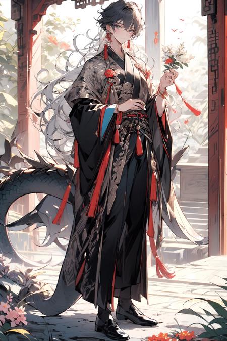 , (masterpiece:1.2), best quality,PIXIV,midjourney portrait,
long hair, hanfu, 1boy, flower, male focus, chinese clothes, holding, jewelry, full body, earrings, white flower, long sleeves, standing, tassel, wide sleeves, dragon, solo, black hair, parted bangs, very long hair, grey hair, multicolored hair, holding flower, looking at viewer, tassel earrings, closed mouth, bangs, white hair
 <lora:midjourney portrait_20230625143136-000018:0.9>