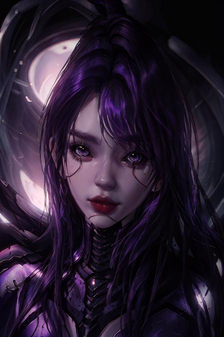 a portrait of widowmaker \(overwatch\) as ikaros-androids, purple skin, face lines <lora:widowmaker:0.8>  <lora:ikaros-androids-000010:0.48>