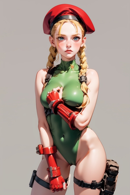 long blonde hair braided pigtails large forelock Blue eyes Green thong leotard Turtleneck Sleeveless Red beret Black calf-high combat boots Red gauntlets Chest harness Thigh holster Cheek scar