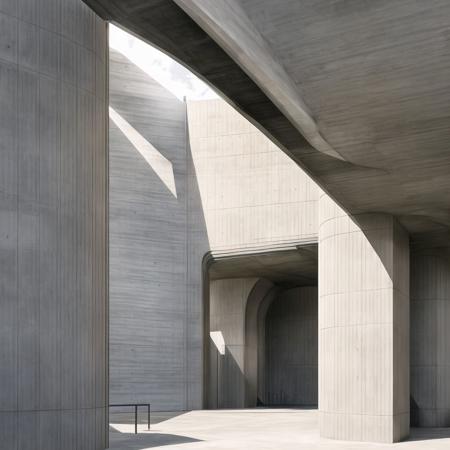 <lora:brutalism:1.0>, (brutalism:1.0), concrete, 
The building's exterior is defined by a series of massive concrete arches, which create a sense of rhythm and repetition. The arches are punctuated by narrow strips of windows, casting dramatic shafts of light into the interior.