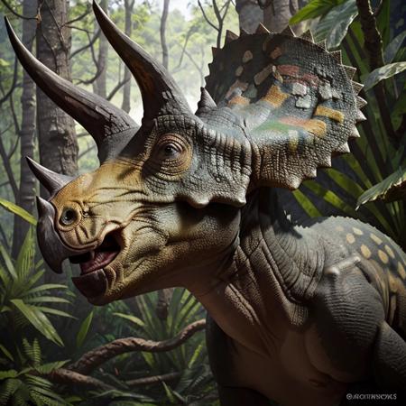 perfect exposure, colorful, masterpiece, best quality, <lora:Triceratops_Dinosaur_Dim32_Anime:0.8>, Triceratops_Dinosaur,  Jurassic jungle, portrait, head,