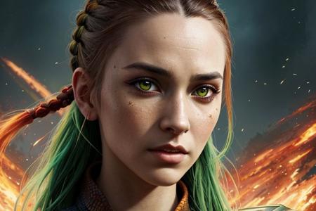 comic This stunning young woman, human dragon hybrid, extreme close-up, covered in green multicolored matte scales as skin, striking orange yellow reptilian eyes, dragon horns. Despite being bald except a braided auburn pony tail, she exudes confidence and strength, her expression conveying a sense of power and determination. dvrscls,style of Don Lawrence, style of (Will Murai:1.2), style of (Greg Rutkowski:0.8), <lora:dvrscls:0.5>, . graphic illustration, comic art, graphic novel art, vibrant, highly detailed,