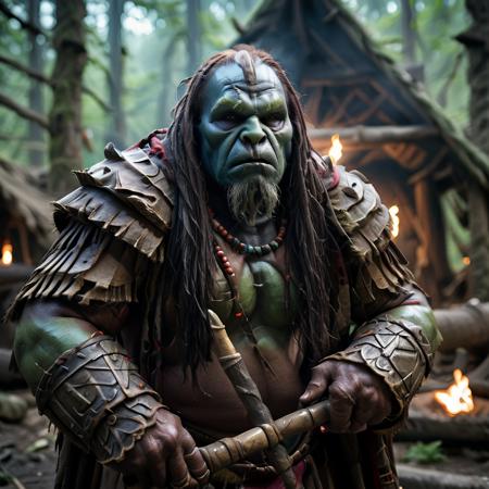 highly detailed portrait photo of a (ogre shaman):1.2  in a primitive camp in the forest.

ogre shaman, solo, long hair, weapon, male focus, massive sword, colored skin, realistic, torch,

performing magic in a primitive forest encampment,

depth of field:1.2, blurry, blurry background,
realistic:1.3,

photorealistic,
fantasy, cinematic,
32k, best quality, 


shadow play:1.1,




