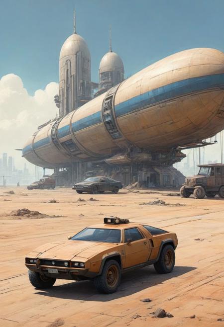 linquivera, liiv1, on parchment, style of ((Ralph McQuarrie)), a digital painting depicting a futuristic cityscape. In the foreground, there's a worn classic (futuristic unconventional concept vehicle), (groundvehicle), xuer dieselpunk, vehicle focus, ground vehicle, there's a worn classic (futuristic unconventional concept sports vehicle) with a long hood and pop-up headlights, giving it an appearance reminiscent of the late 20th-century designs, yet with a worn and rugged look suggesting age or use in a dystopian setting. The car is detailed with dirt and weathering, and it has a matte, metallic finish.  cloud, sky, The city around it is composed of tall, slender buildings with (cyberpunk-style architecture), featuring protruding structures and neon lights. In the hazy sky, (airships or futuristic vehicles) float above, hinting at advanced technology and a busy urban atmosphere. The color palette is predominantly (desaturated tones of beige and blue), with the scene set against a backdrop of what could be a smog-filled sky, creating a sense of depth and scale. The artwork combines elements of nostalgia with speculative future technologies, presenting a visually rich, sci-fi environment.