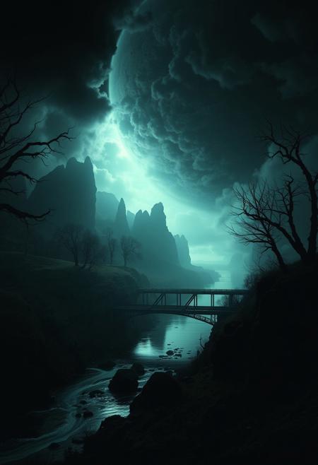 Surreal dreamlike image, high contrast low-key lighting, deep shadows, dramatic effect, fantastical elements, bizarre scene with serene landscape, river, and bridge.