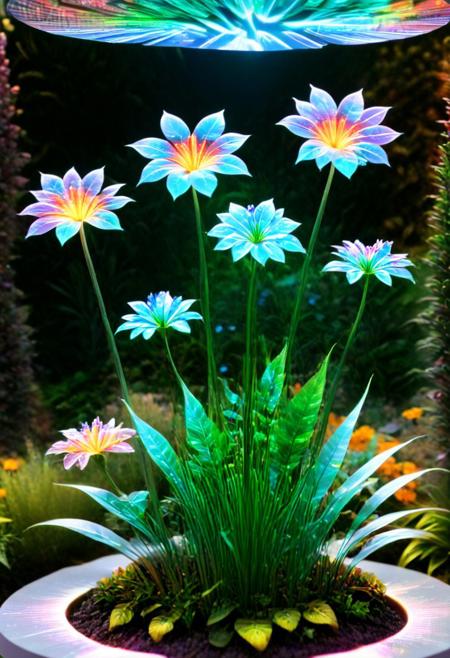 (Holography:3), (transparent garden:3), (holographic garden:3), (scenery:2), (holographic plants:2.8), (transparent plants:3), (transparent flowers:3), (holographic flowers:2.8), (outdoors:3).