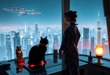 A sleek black cat with red collar and a gold bell sits on a cluttered metal riveted desk with transparent top and rgb led computer components visible inside, On the desk are a maneki neko statue and a lava lamp, the Black Cat is looking out of a seamless and futuristic floor to ceiling window that looks out at thousands of enormous wide and tall futuristic skyscrapers from a large window in a descending spaceship, a beautiful woman, 24 years old, is standing next to the cat looking out at the enormous city at night, filled with buildings of many shapes and sizes, some over a mile tall))), the woman is dressed in an ornate Japanese style bath robe. An enormous deco starship with futuristic lighting and design is visible high above the city, and a space station is visible in the background among the stars, The woman's hair is messy from just waking up and tied up with a ribbon. Artistic cyberpunk, dynamic perspective, The focus is on the black cat and woman standing together looking out the window at the view together, (((overall architectural aesthetic is Art Deco Cyberpunk))).  (((A large futuristic building shaped like a torii gate stands among the enormous tokyo structures,)))