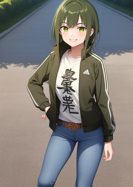 <lora:Shiratori_Utano-10:0.8>,1girl, solo,short hair, green eyes, green hair, belt, pants, denim, clothes writing, jeans,white shirt,open clothes,(green clothes,green track jacket:1.2),brown belt,smile,