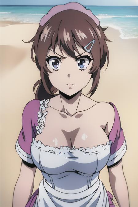 masterpiece,best quality,ultra-detailed,(detailed background, complex background:1.2),(perfect face, detailed face),1girl,solo,Brown hair,blue eyes,breasts,short hair,bangs,large breasts,hair ornament,collarbone,short ponytail,hairclip,<lora:Megumi_Saitov5:0.9>,(spring :1.2),(Walking as if on hot sand :1),(angry),(maid uniform :1.2),