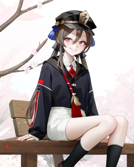 1girl, hu tao \(genshin impact\), solo, hat, smile, brown hair, looking at viewer, long hair, flower, red eyes, socks, nail polish, white socks, long sleeves, black nails, symbol-shaped pupils, twintails, hat flower, ring, sitting, grin, kneehighs, hair between eyes, shorts, blush, black headwear, plum blossoms, jewelry,<lora:Ohisa_final-000004:1>,