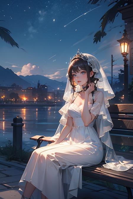 a woman in a white dress sitting on a bench next to the water at night with a veil on her head, Du Qiong, cosplay, a hologram, rococo <lora:blue:0.6>