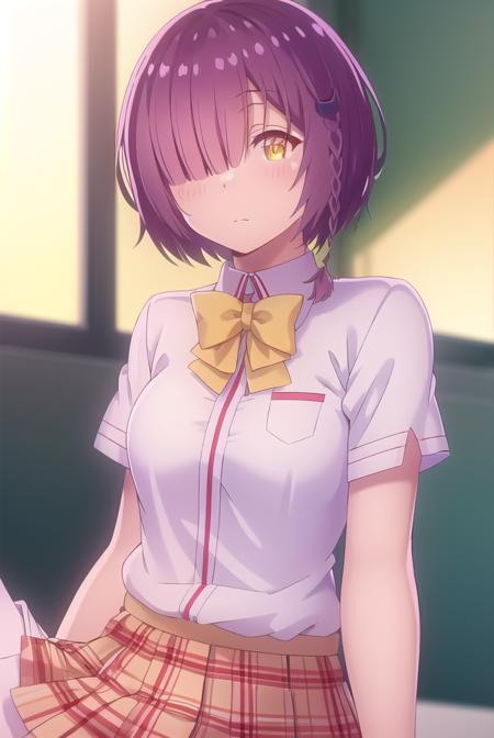 ayanofujimoto, <lora:ayano fujimoto s1-lora-nochekaiser:1>,
ayano fujimoto, short hair, hair ornament, (yellow eyes:1.3), purple hair, braid, (hair over one eye:1.5),
BREAK skirt, shirt, bow, school uniform, white shirt, short sleeves, pleated skirt, shoes, socks, bowtie, plaid, plaid skirt, brown footwear, black socks, loafers, pink skirt,
BREAK indoors, classroom,
BREAK looking at viewer,
BREAK <lyco:GoodHands-beta2:1>, (masterpiece:1.2), best quality, high resolution, unity 8k wallpaper, (illustration:0.8), (beautiful detailed eyes:1.6), extremely detailed face, perfect lighting, extremely detailed CG, (perfect hands, perfect anatomy),