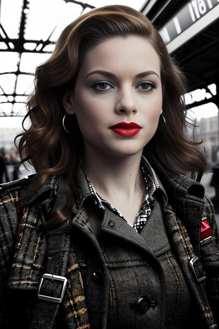 a (vintage black and white photograph:1.2) of beautiful(J4n313vy:1.1) woman,as a secret agent during WWII,wearing a long (tweed trench coat:1.2),(bright red lipstick:1.4),carrying an attache case,with long hair,standing on railway platform at (Paddington Station in London:1.2),as a passenger train arrives,with busy crowds walking by,victorian architecture,dramatic pose,(looking at viewer),black and white photograph,detailed eyes,absurdres,face focus,extremely intricate,dramatic,elegant,b&w,film grain,faded,PA7_Portrait-MCU,<lora:J4n313vy_03C-000004:1.0>,