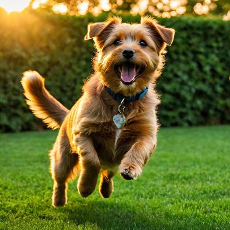 Norfolk Terrier, 
mid-tumble over a well-worn football, 
tongue lolling out in a wide grin, 
evening golden light casting elongated shadows, 
playful scene unfolding in a lush, 
green backyard, 
focus on gleeful expression, 
fur texture detailed, 
dynamic motion blur emphasizing playfulness, 
shallow depth of field with bokeh effect in background, 
sun flare, 
digital painting, 
vibrant color palette, 
high resolution.