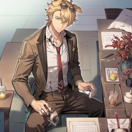 <lora:longshelan:0.5>, 1boy,  blonde_hair, aqua eyes, ((solo)), sunglasses, earrings, ((dog ears)), jewelry, ,bishounen,cowboy_shot, dappled_sunlight,  (bare body), ((brown pants)),(((underwear))),male_focus,collared_shirt,couple_cup,drinking_glass,(((necktie))),jewelry,male_focus,muscular,muscular_male,necktie,necktie_grab,neckwear_grab,red_wine,ring,shirt,sitting,veins,veiny_arms,whiskey,wine,wine_glass,  god rays