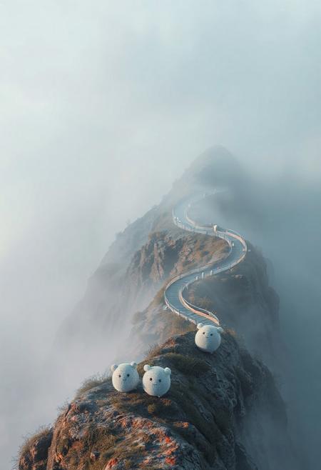 A mountain ridge blanketed in thick fog, with futuristic shelters shaped like dewdrops clustered along the slope. The mist reveals parts of a winding aerial path, while soft plush animals with expressive faces explore the terrain. The curves and contours of the scene evoke a sense of calm exploration. vivid style, digital 3D rendering, muted cool tones