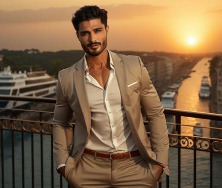 Nautical-themed (Photo:1.3) of (Ultrarealistic:1.3) <lora:Man_Men_FFashion:1> Mats Hummels a man <lora:vin-Mats-Hummels:1> in a tan suit standing on a balcony, sun behind him, inspired by Pablo Munoz Gomez, shot at golden hour, editorial photograph, midshot of a hunky, by Roman Bezpalkiv, by Artur Tarnowski, maxim sukharev, by Gabor Szikszai,Highly Detailed,(Mono Color:1.3) . Sea, ocean, ships, maritime, beach, marine life, highly detailed