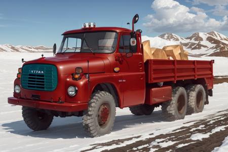 raw, (construction truck tatra148 red:1.1) shiny new <lyco:tatra148-loha:.75>, view, lake landscape, beach, waves, snow, winter, ice strormy clouds, cinematic
