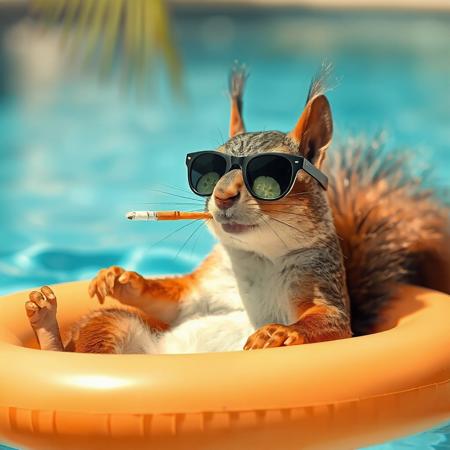 A squirrel wearing sunglasses smoking a cigarette in a spy bath relaxing on a pool float with cucumber slices on its eyes on a sunny day