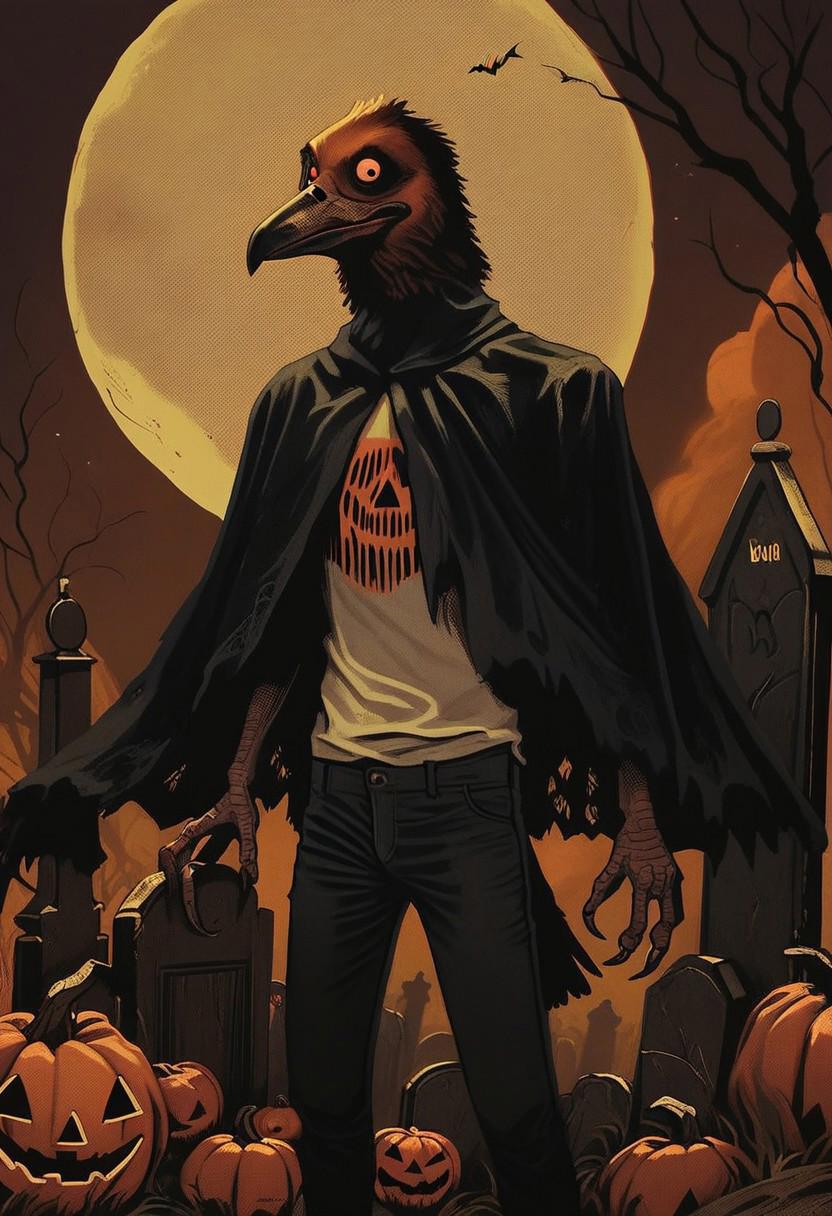 score_9, score_8_up, score_7_up, score_6_up, hllwn, halloween, vintage, detailed background, creepy, anthro wolf, ,mantle, halloween, pumpkins, guy, graveyard, brutal, full moon, beak, claw, trousers, shirt