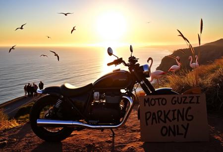 “A twin-cylinder Custom Cruiser Moto Guzzi motorcycle is parked along the scenic coast of Santa Barbara at sunset. The bike sits proudly on a cliffside overlooking the ocean, with a golden sunburst casting a warm glow across the sky. Seabirds glide above the serene blue waters, and a small group of people stands nearby, their silhouettes softly illuminated by the setting sun. Off to the side, a couple of flamingos stand near tall grasses swaying in the breeze. A weathered cardboard sign is propped up next to the bike, with the words ‘MOTO GUZZI PARKING ONLY’ handwritten on it, adding a touch of personality to the scene.”