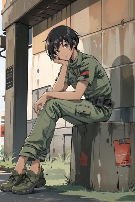 1girl,xiomvn,wearing military uniform,pants,(scarf),in fortress,outdoors,sandbags,sitting,on metal table,full body,happy,tomboy,, <lora:XinomVN:0.8>, <lora:LORA-XenoDetailer-v2:0.1>, <lora:skin_tone_slider_v1:1.6>