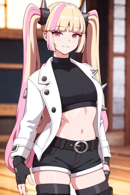 1girl, long hair, blonde hair, twintails, solo, jacket, bangs, spikes, looking at viewer, multicolored hair, pink hair, streaked hair, gloves, blunt bangs, fingerless gloves, black gloves, pink eyes, white jacket, crop top, midriff, smile, upper body, open clothes, belt, black shirt, shirt, breasts, navel, shorts, black shorts, open mouth, closed mouth, hair ornament, blurry, open jacket, thighhighs, thigh strap, medium breasts, horns, v, spiked bracelet, weapon, cowboy shot, short shorts