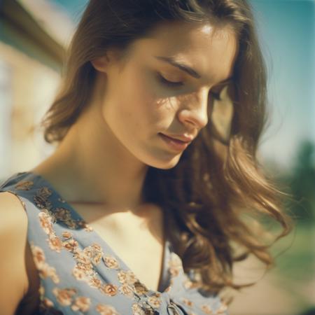 a close up of beautiful woman  kassielyn summer dress,  hi detail, sharp focus, perfect lighting, awesome, dslr, 4k high quality. extra detail, extra sharp, magical, perfect moment, natural skin, pores, film, film grain, flare, old film, discolored film, magazine paper, 35mm photo, grainy, vignette, vintage, Kodachrome, Lomography, stained, f1.2 50m   <lora:kassielyn_lora_xl_40_resized2:1>