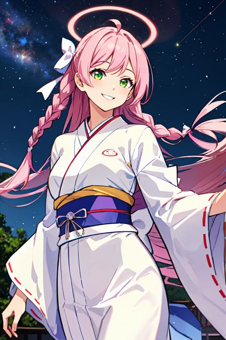 realistic, wallpaper, 1girl, solo, <lora:Hanako_Blue_Archive_V1e9:0.8>, hanako, ahoge, double-parted bangs, green eyes, hair bow, pink hair, pink halo, single braid, very long hair, white bow, smile, cowboy shot,
white kimono, japanese clothes, sash, wide sleeves, smile, night sky, starry sky, galaxy, street, outdoors