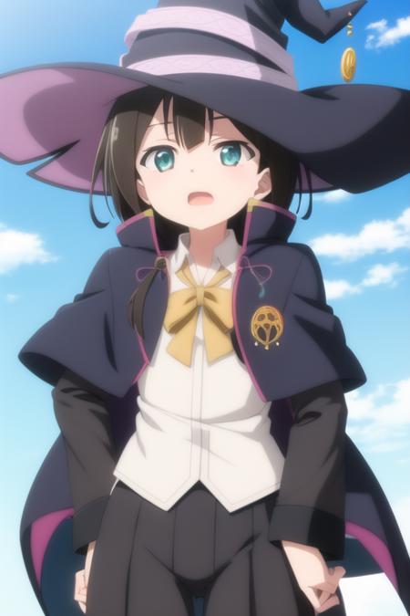 masterpiece, best quality, 1girl, saya \(majo no tabitabi\), witch hat, sky, blue sky, open mouth, standing, hand on hip