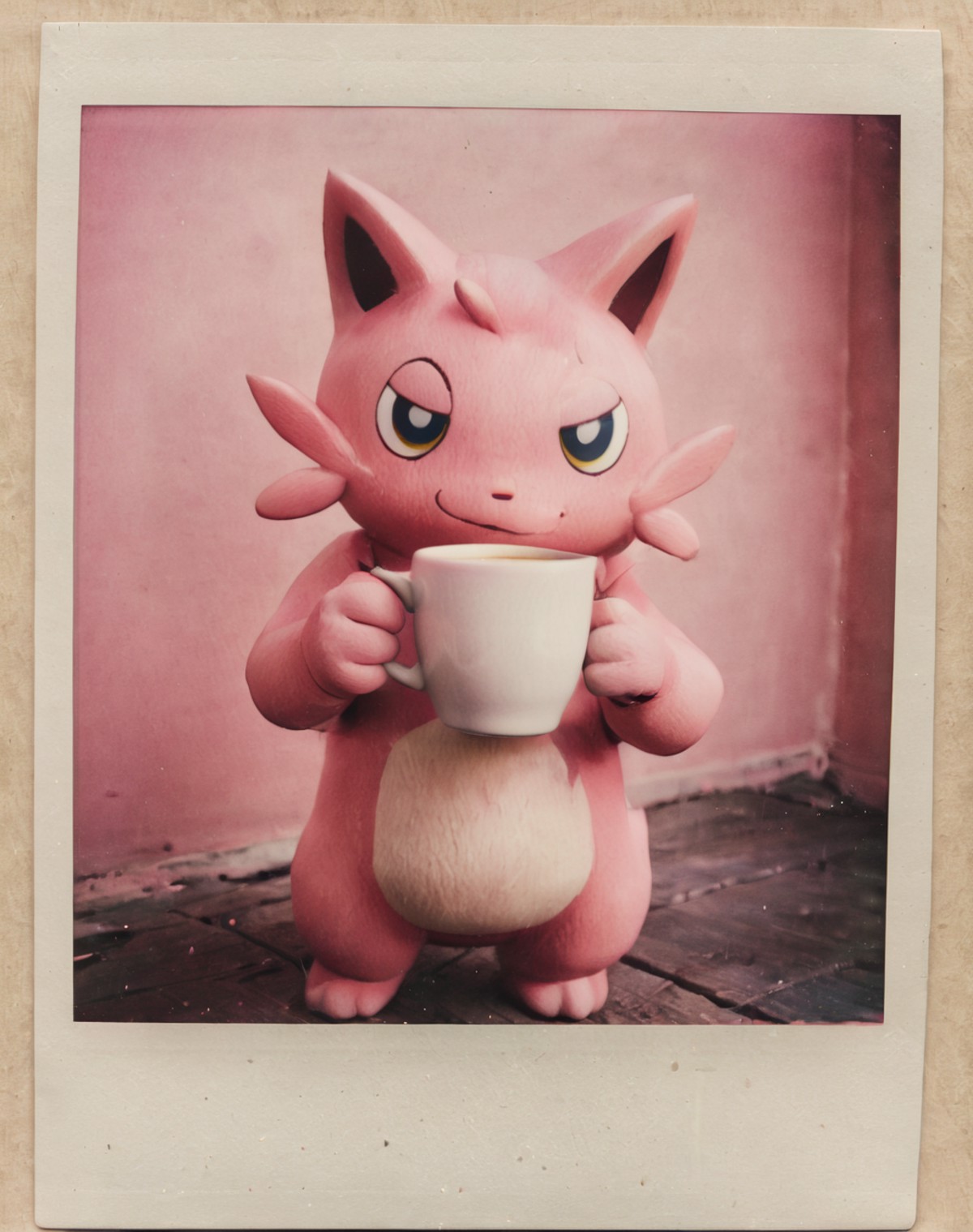 a pink palworld-cat, holding coffee, polaroid