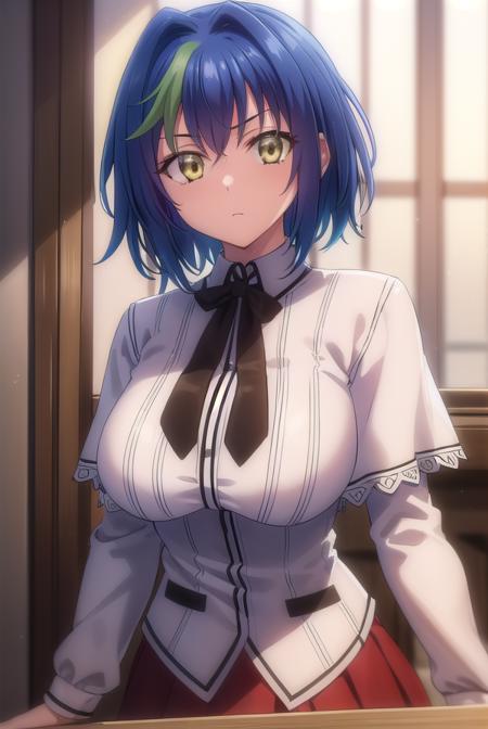 xenoviaquarta, <lora:dxd xenovia quarta anime s2-lora-nochekaiser:1>,
xenovia quarta, short hair, blue hair, (yellow eyes:1.5), multicolored hair, green hair, two-tone hair, streaked hair,
BREAK shirt, ribbon, school uniform, white shirt, black ribbon, neck ribbon, capelet, black capelet, long sleeves, skirt, red skirt,
BREAK indoors, classroom,
BREAK looking at viewer, (cowboy shot:1.5),
BREAK <lyco:GoodHands-beta2:1>, (masterpiece:1.2), best quality, high resolution, unity 8k wallpaper, (illustration:0.8), (beautiful detailed eyes:1.6), extremely detailed face, perfect lighting, extremely detailed CG, (perfect hands, perfect anatomy),